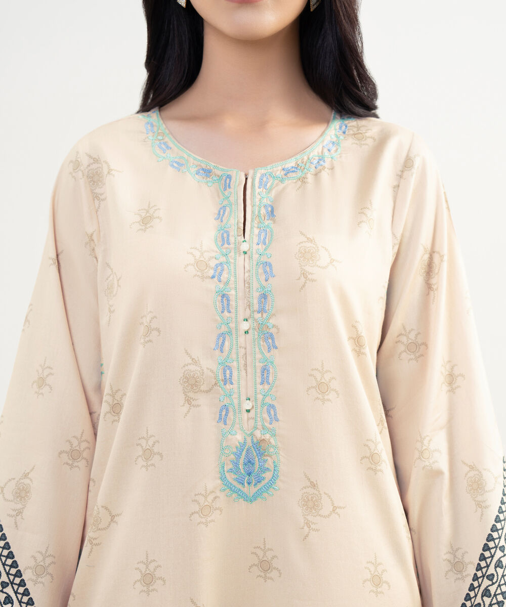 Women's RTW Cotton Satin Embroidered Off White A-Line Shirt