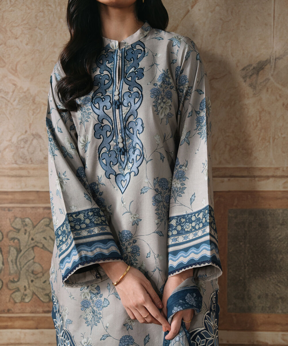 Women's Unstitched Lawn Embroidered Beige 3 Piece Suit