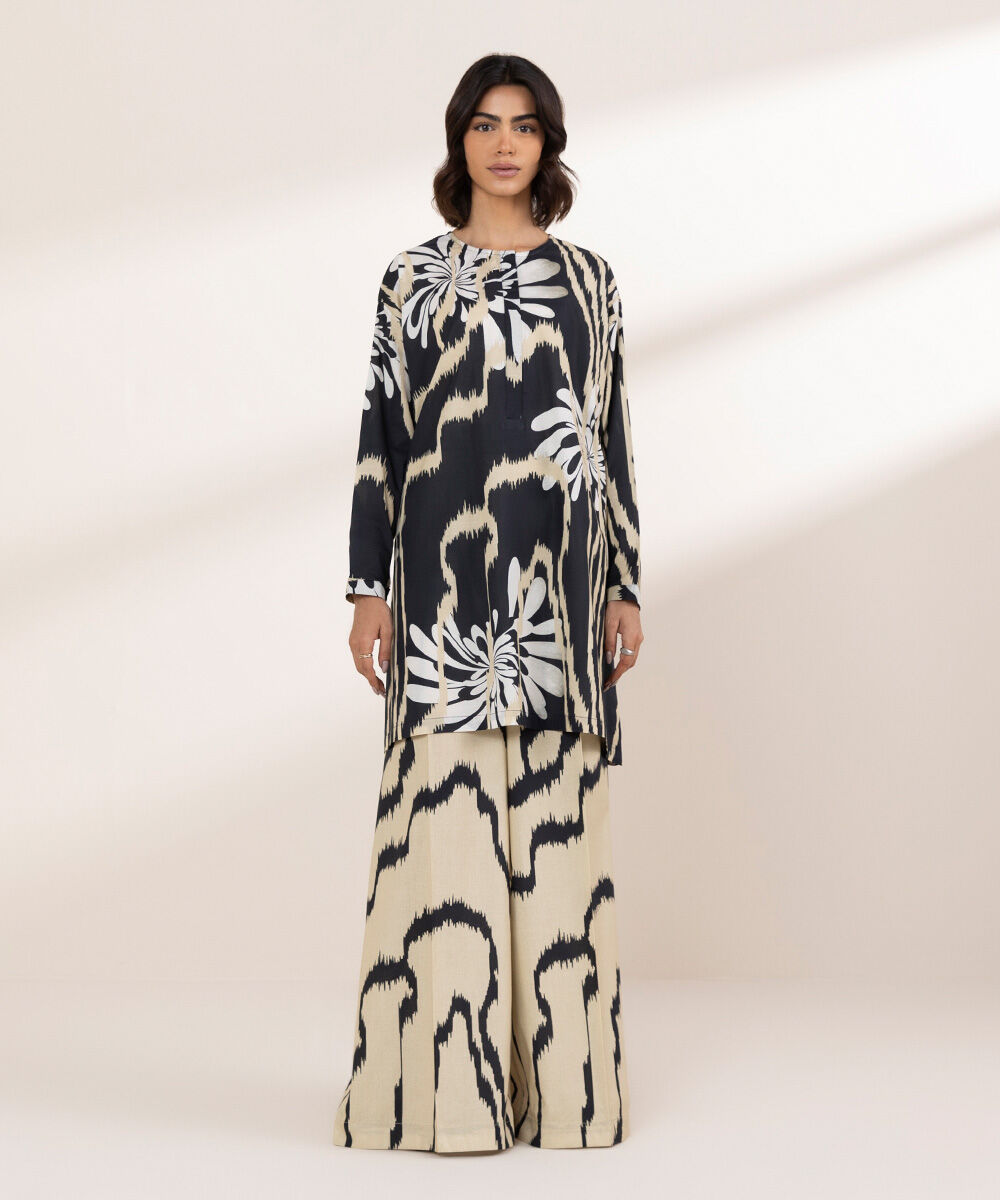 Women's RTW Textured Lawn Black Printed Boxy Shirt