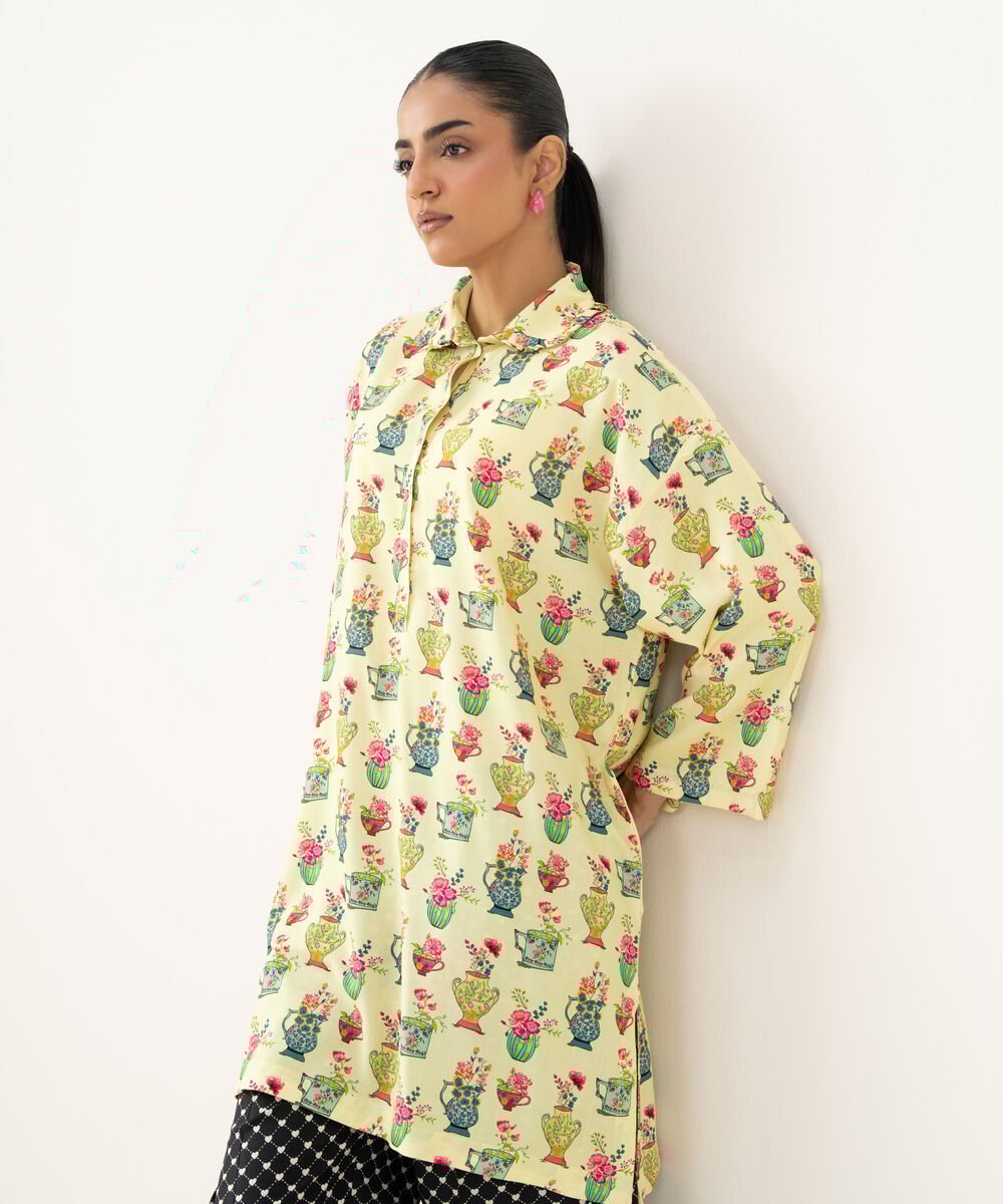 Women's RTW Linen Viscose Printed Pale Yellow Drop Shoulder Shirt