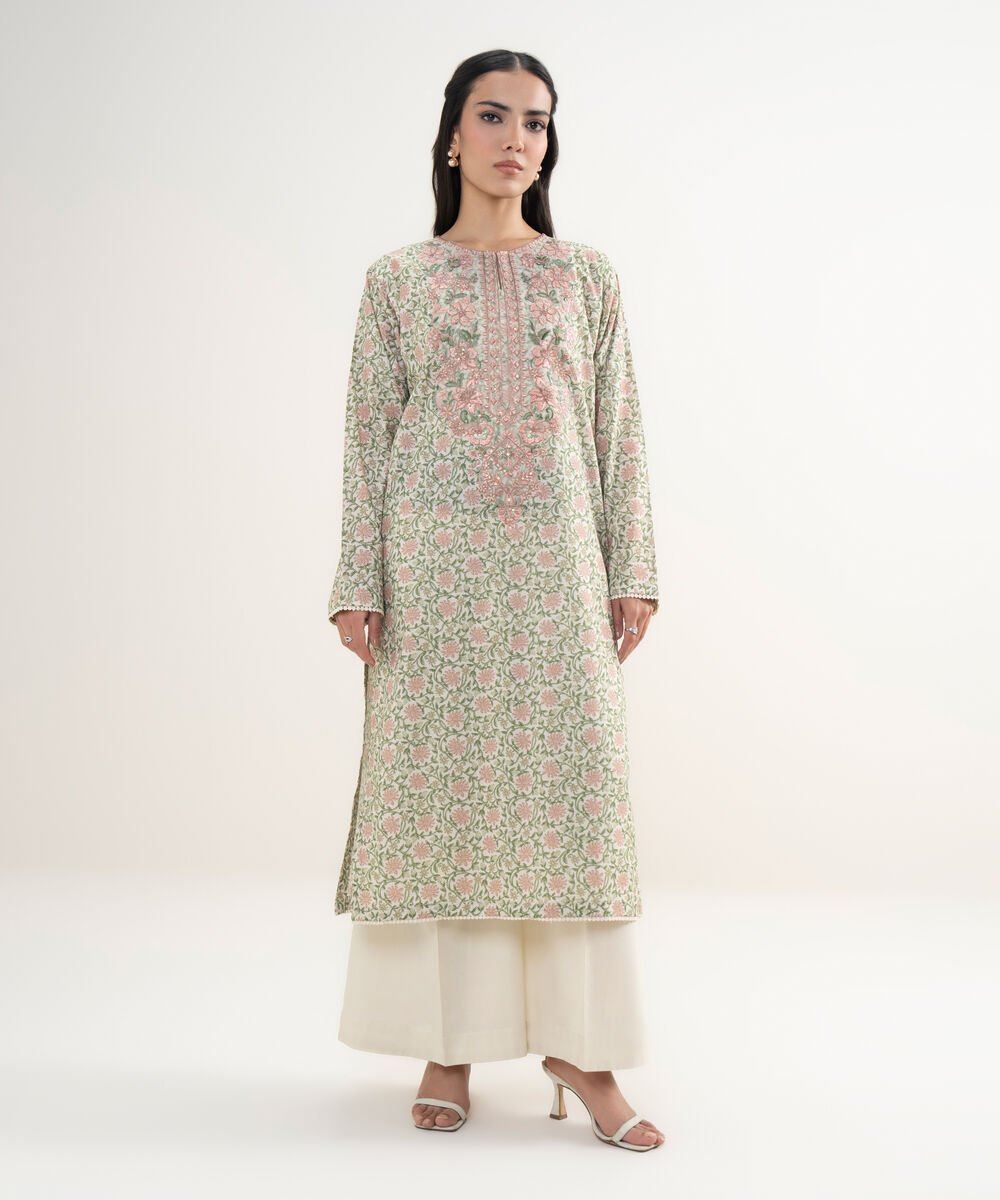 Women's RTW Slub Lawn Embroidered Beige Straight Shirt