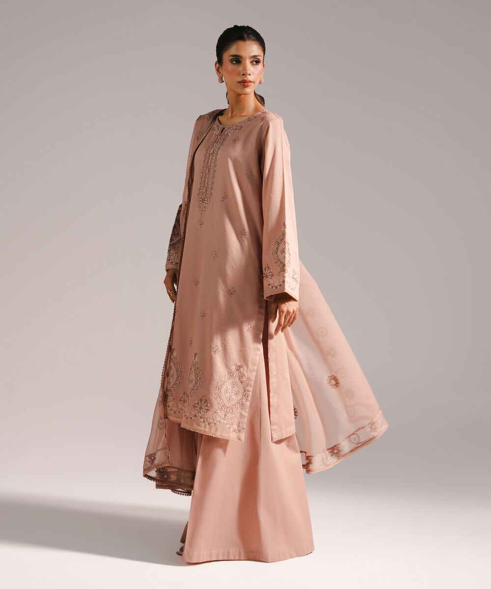 Women's RTW Dobby Embroidered Dark Beige 3 Piece Suit