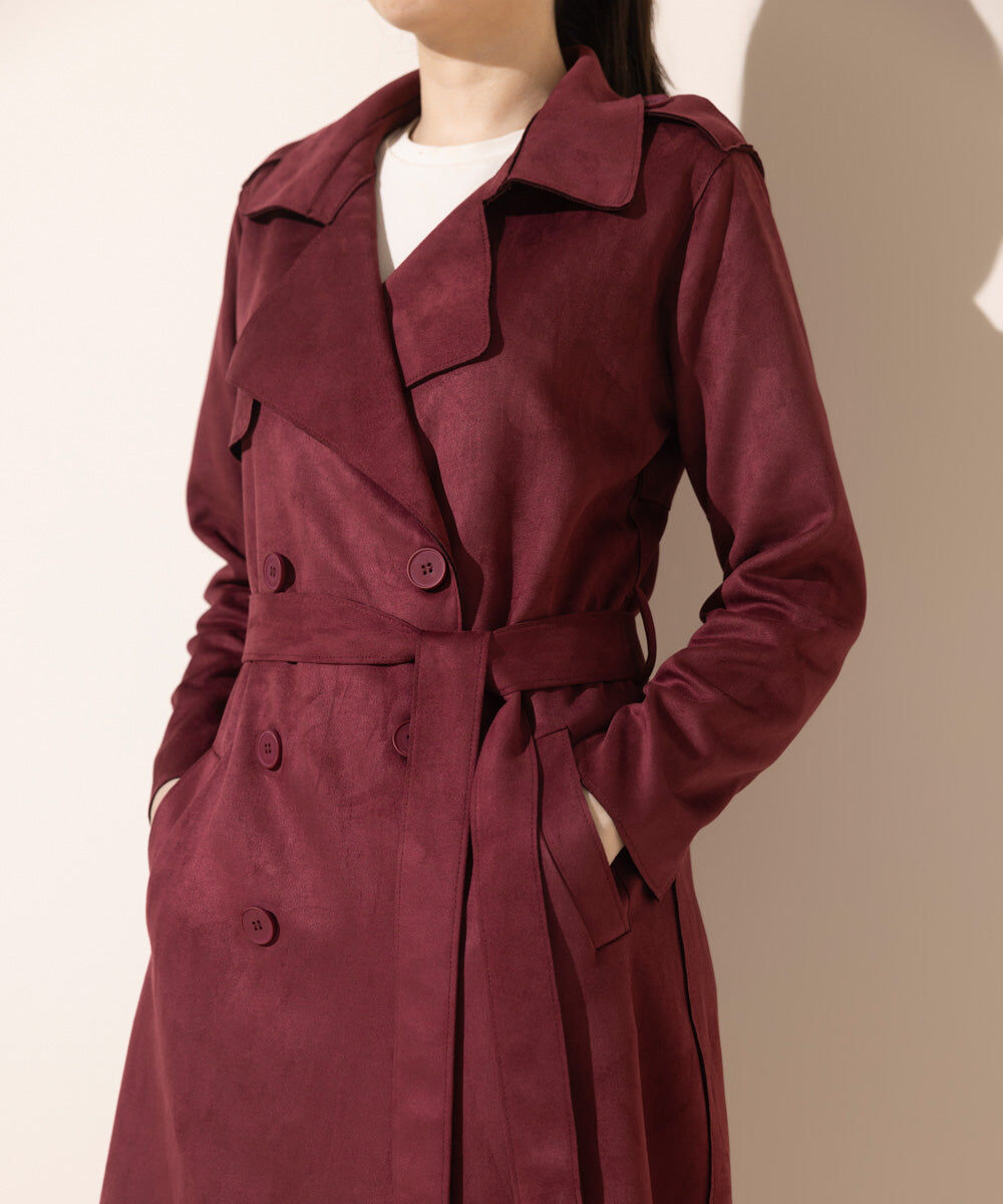 Woman - Red Suede Trench Coat with Belt