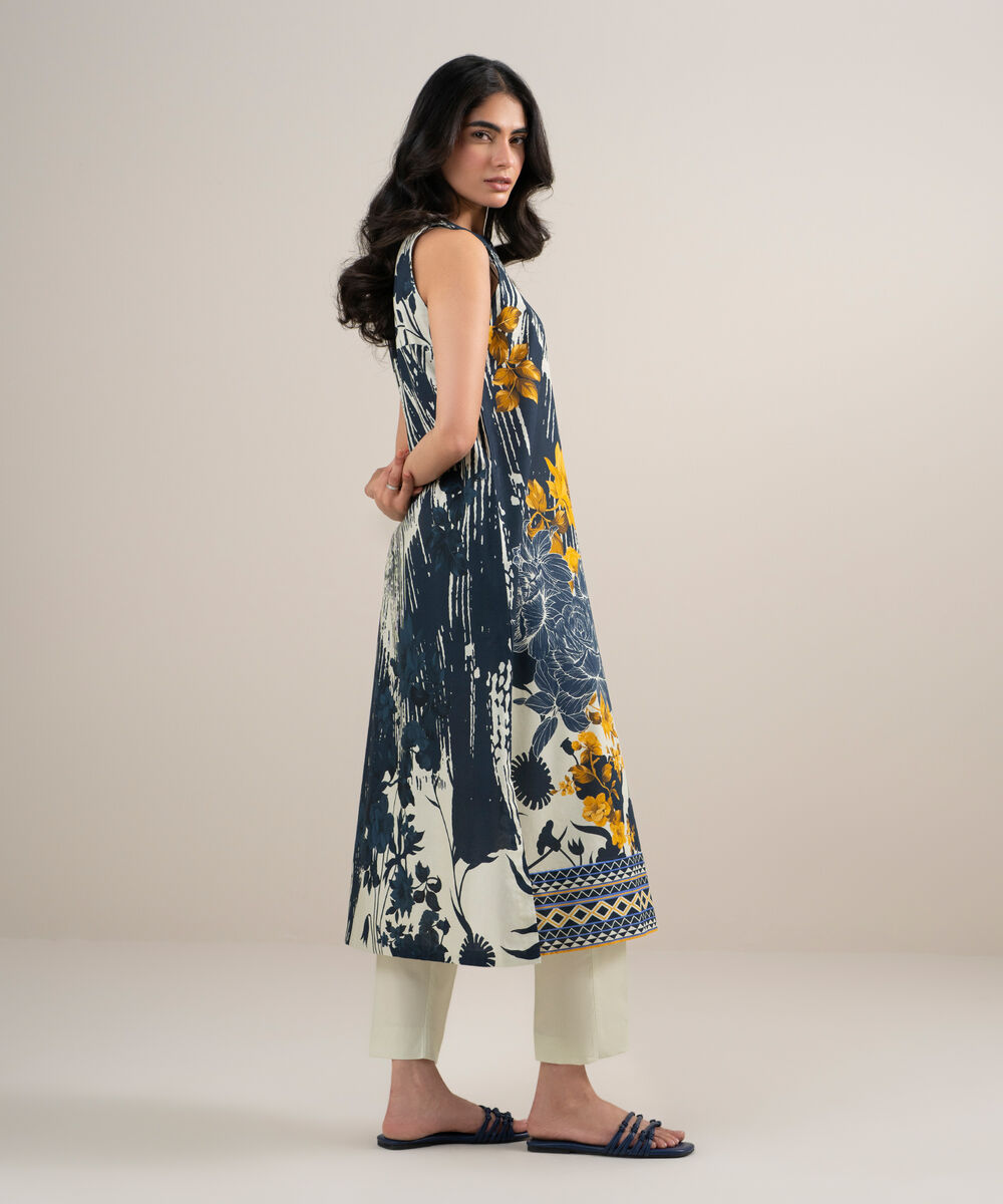 Women's Unstitched Lawn Printed White and  Black 2 Piece Suit