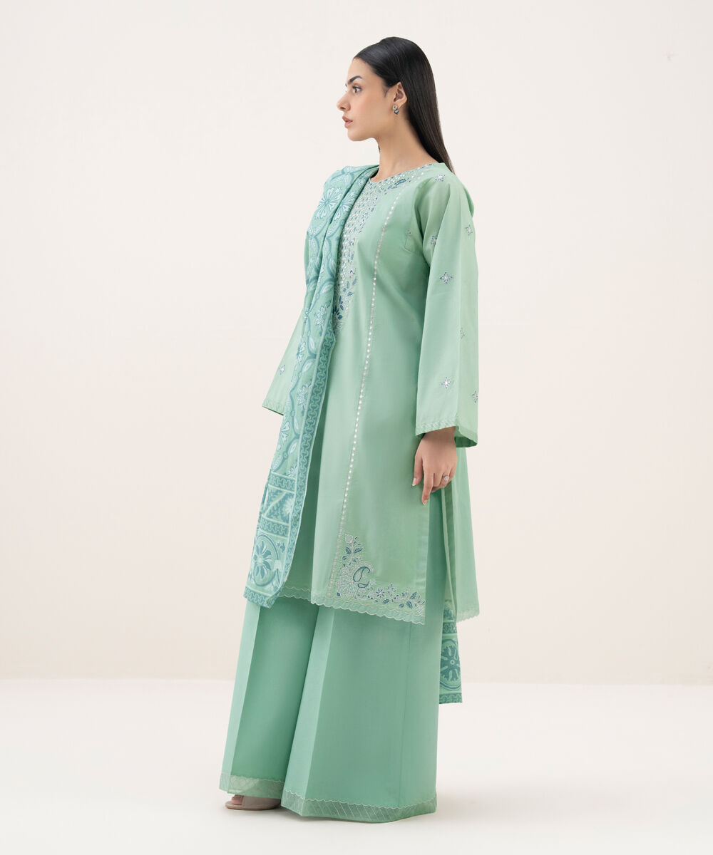 Women's Unstitched Cotton Embroidered Green 3 Piece Suit