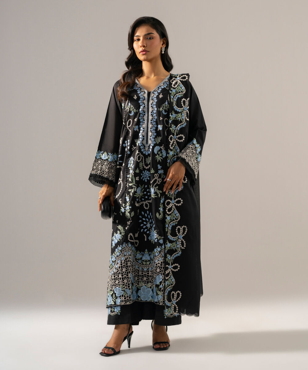 Women's RTW Lawn Solid Embroidered Black 3 Piece Suit