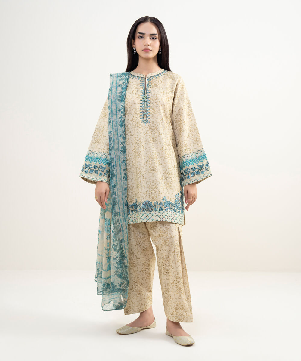 Women's Unstitched Lawn Embroidered Beige   3 Piece Suit