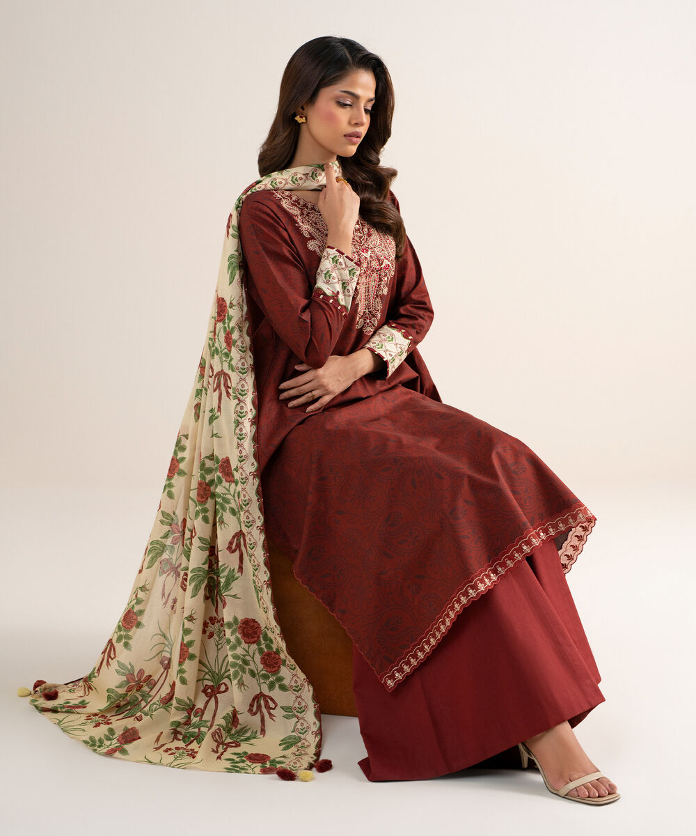 Women's Unstitched Cotton Embroidered Red 3 Piece Suit