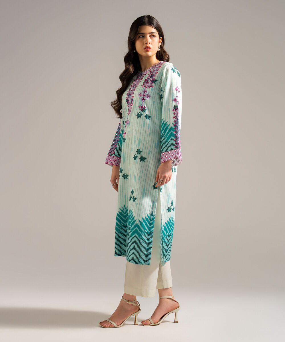Women's RTW Dobby Embroidered Green Straight Shirt