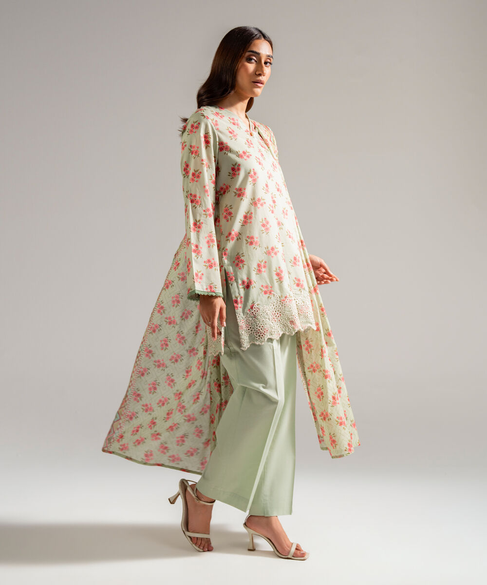 Women's RTW Lawn Embroidered Green 3 Piece Suit