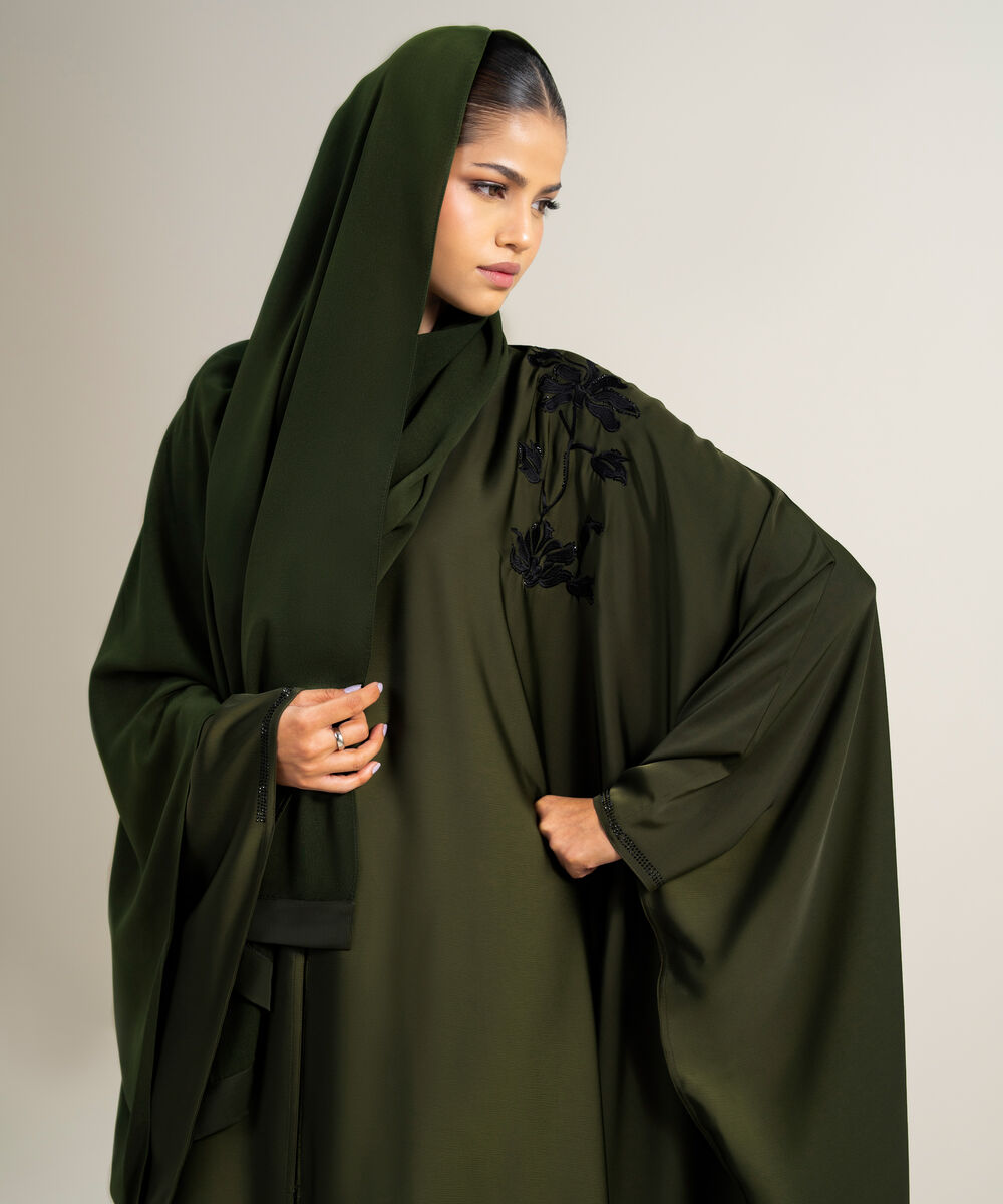 Women's Polyester Green Embellished Cape Abbaya Set