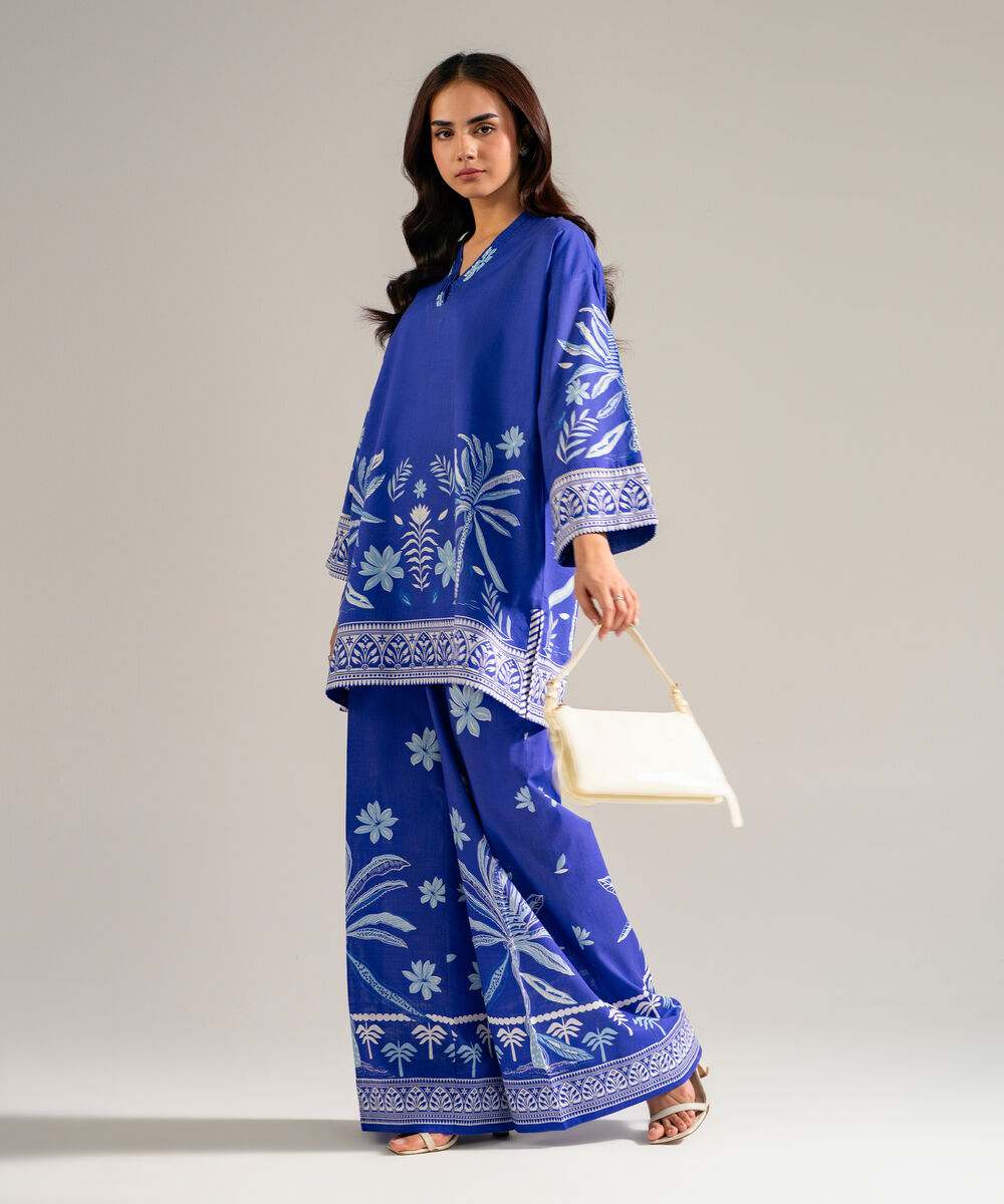 Women's RTW Slub Lawn Printed Blue Drop Shoulder Shirt