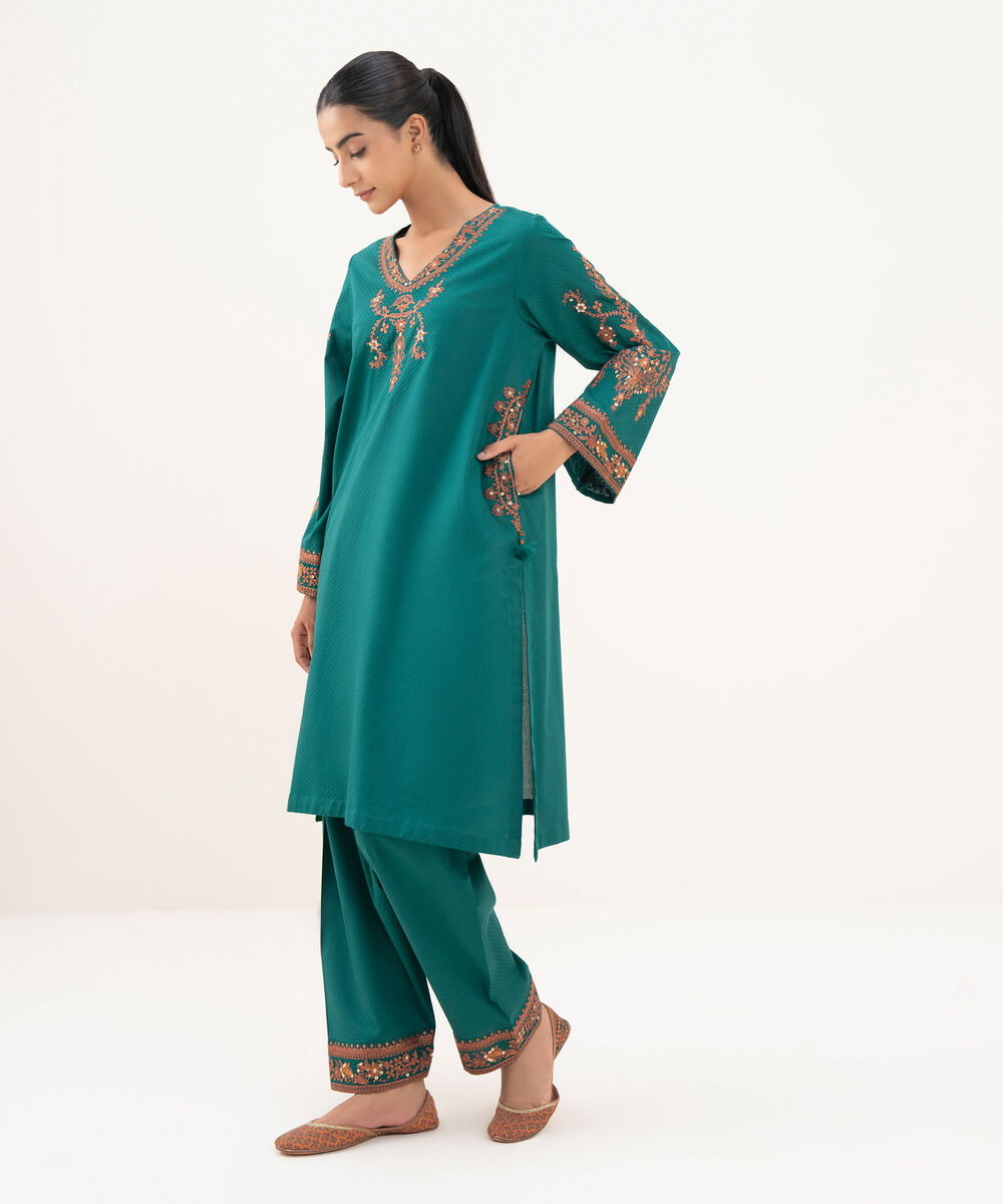 Women's RTW Textured Lawn Green Embroidered A-Line Shirt