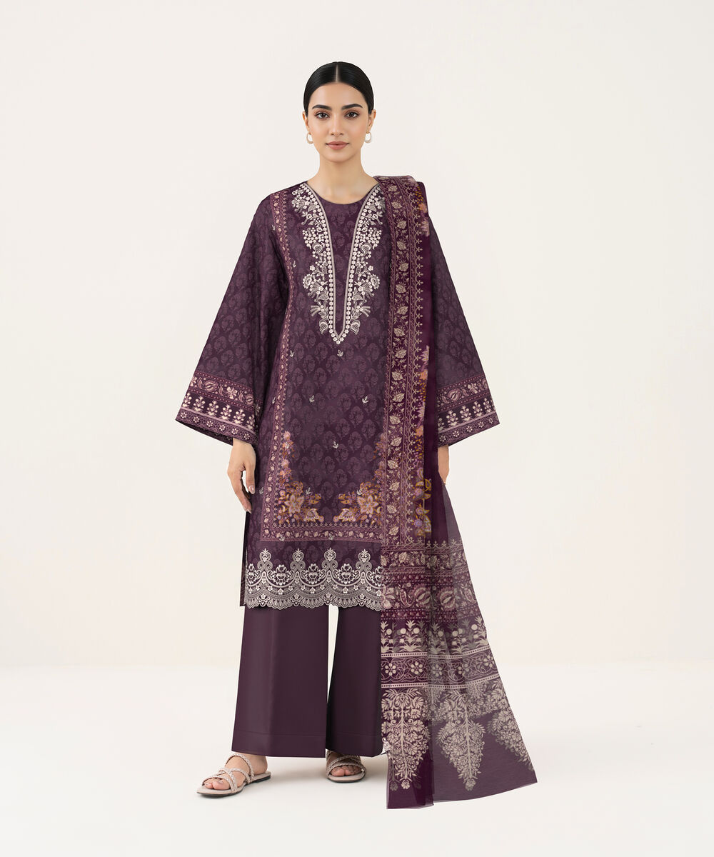 Women's Unstitched Lawn Plum Embroidered 3 Piece Suit