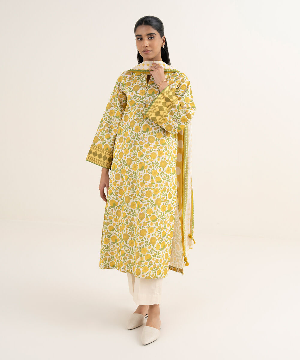 Women's Unstitched Lawn Printed Yellow 3 Piece Suit
