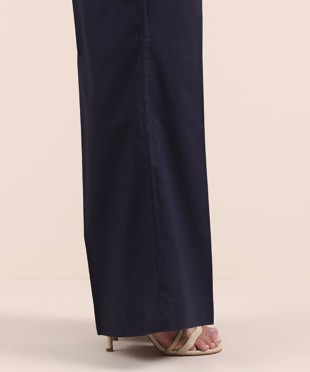 Woman - Blue Solid Cambric Flared Pants