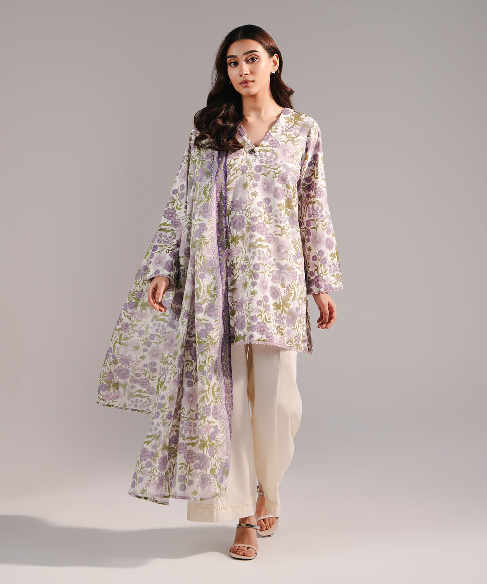 Women's RTW Cotton Viscose Printed Lavender 2 Piece Suit