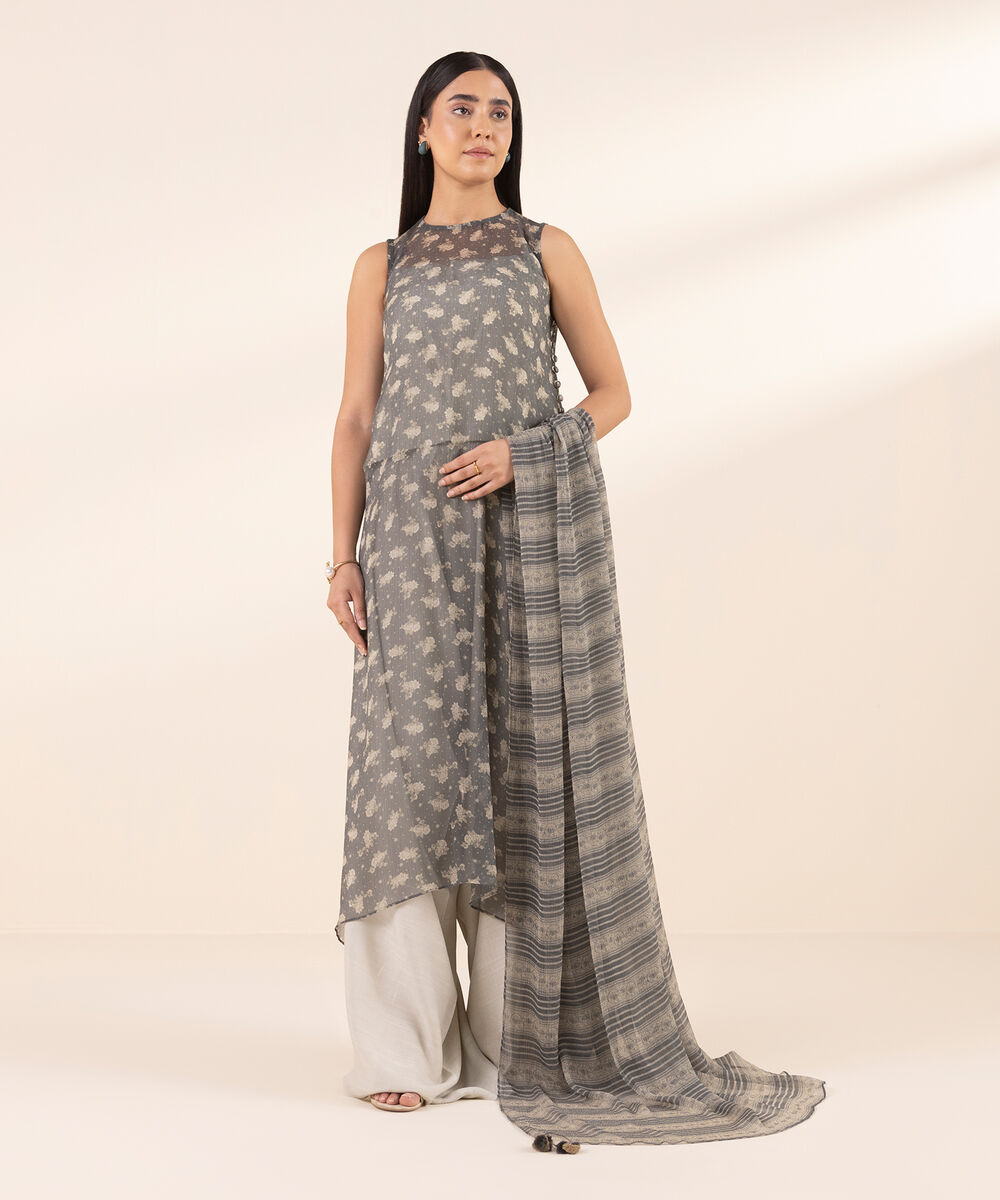 Women's Unstitched Chiffon Printed Grey 3 Piece Suit