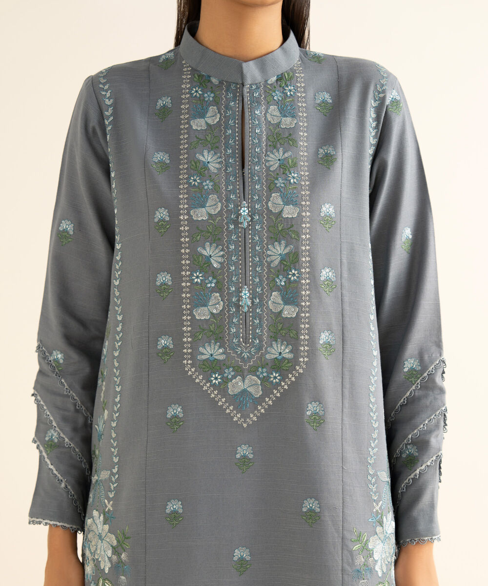Women's Unstitched Light Khaddar Embroidered Grey 3 Piece Suit