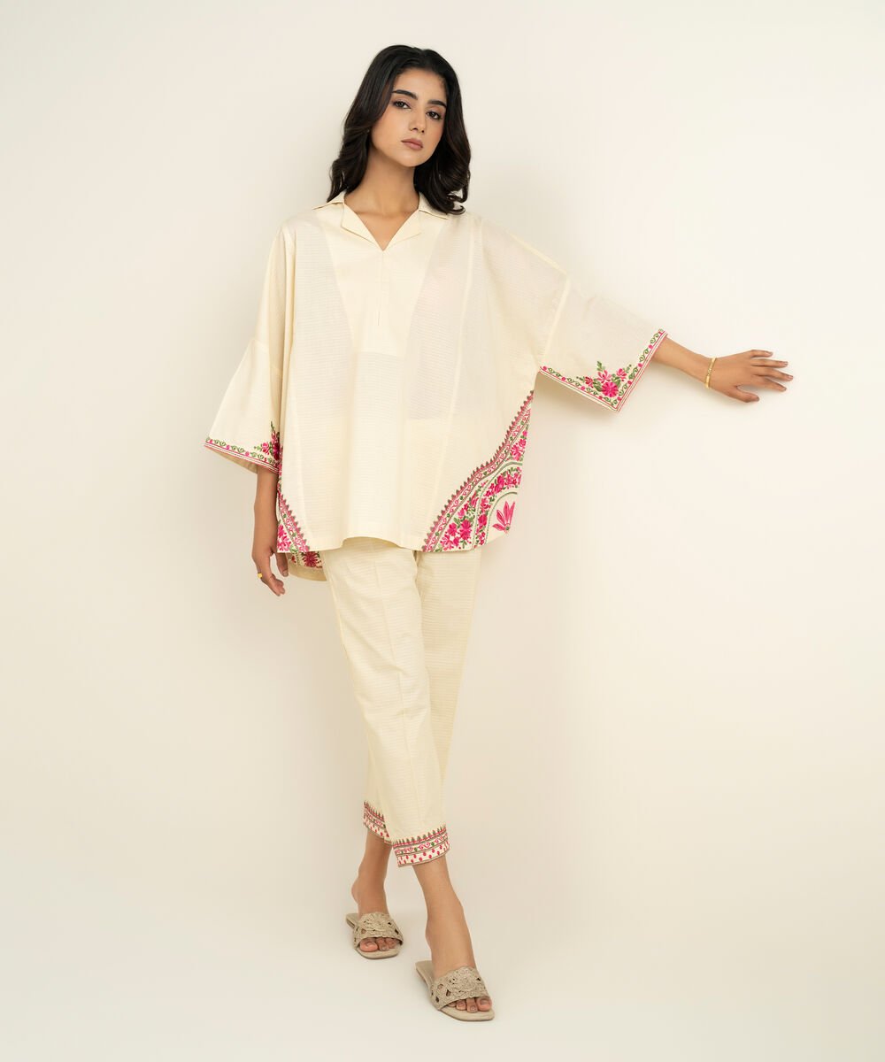 Women's RTW Dobby Embroidered Off White Drop Shoulder Shirt