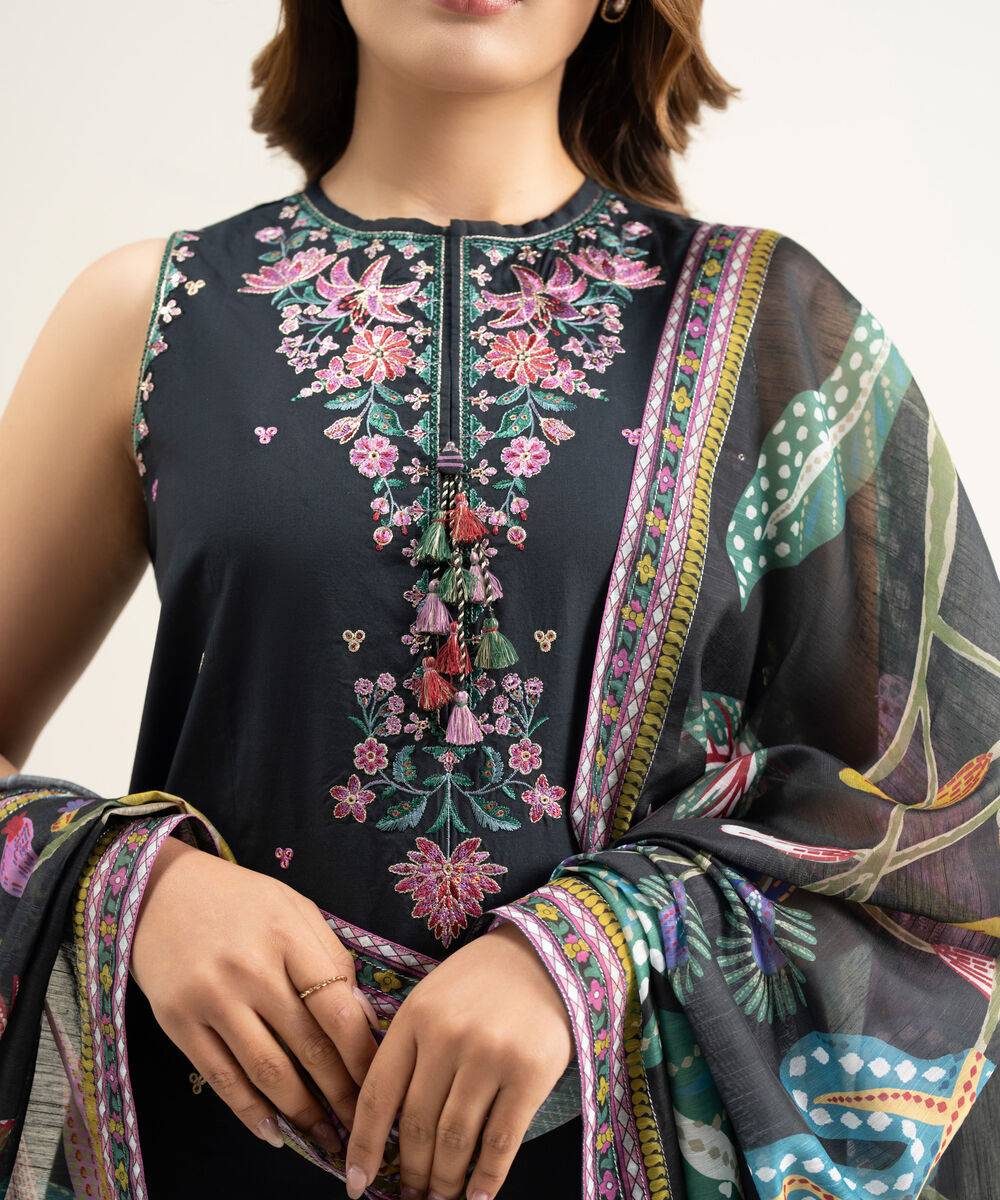 Women's Unstitched Lawn Black Embroidered 3 Piece Suit