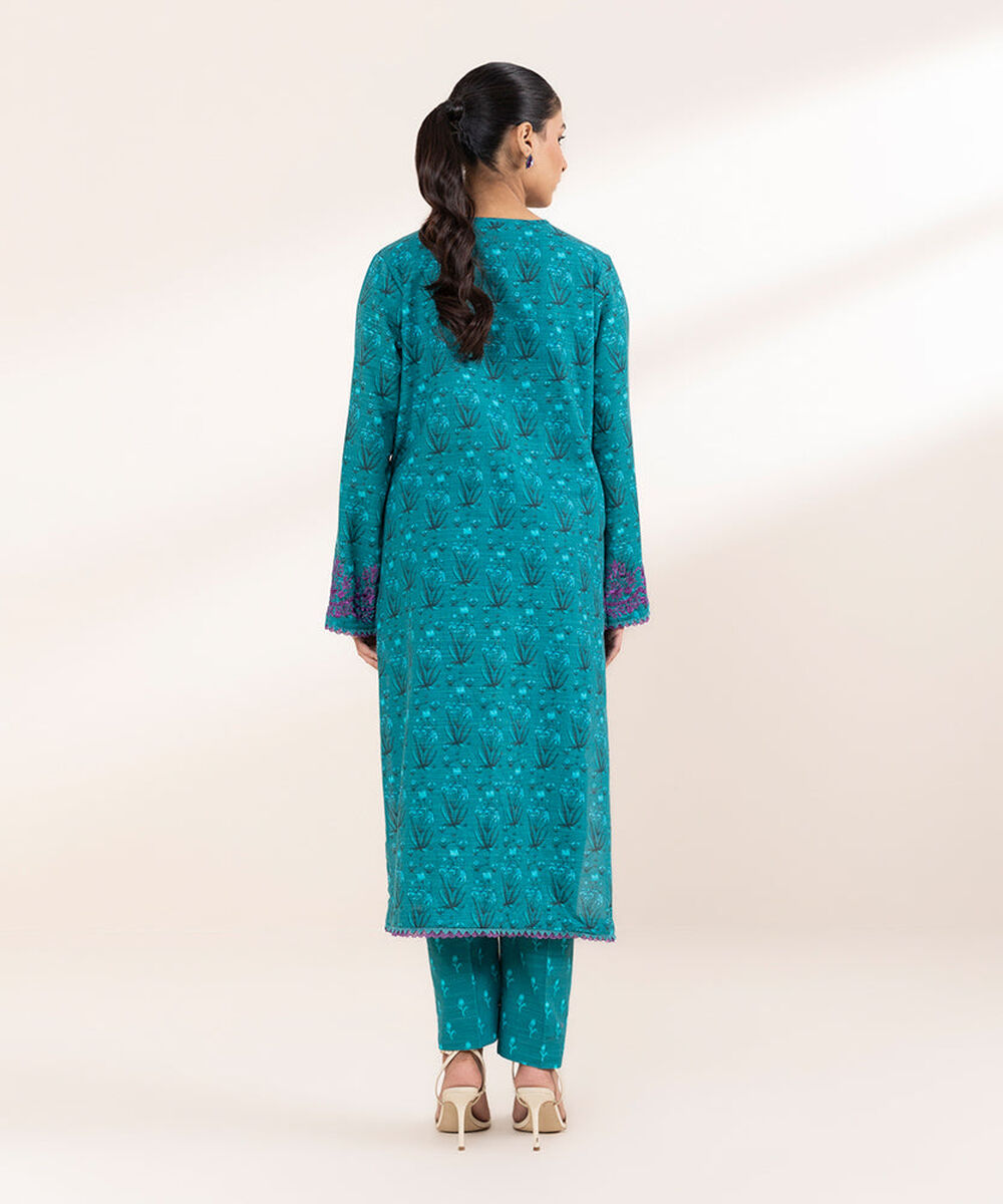Women's Pret Printed Embroidered Teal Khaddar A Line Shirt