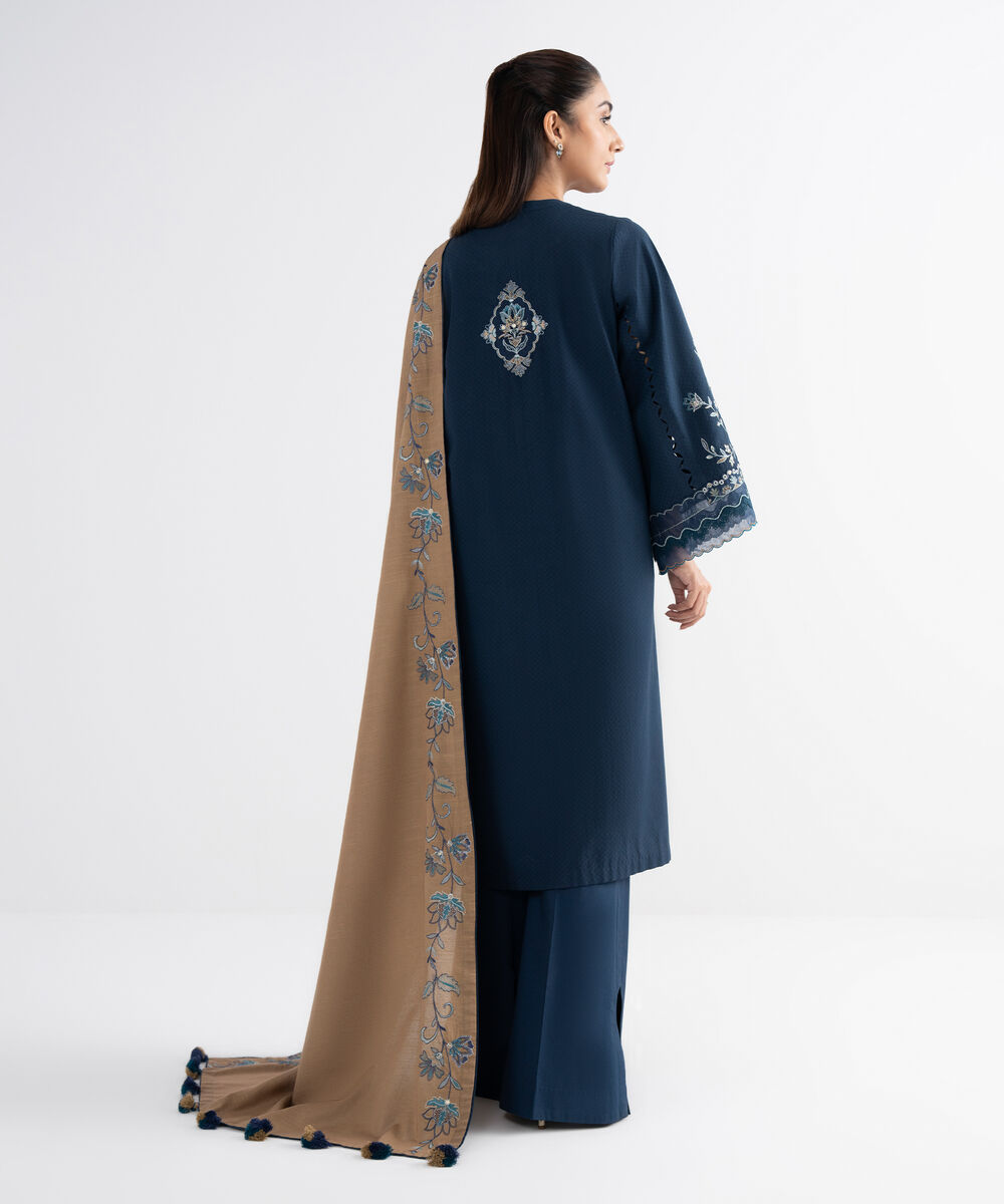 Women's Unstitched Dobby Embroidered Blue 3 Piece Suit