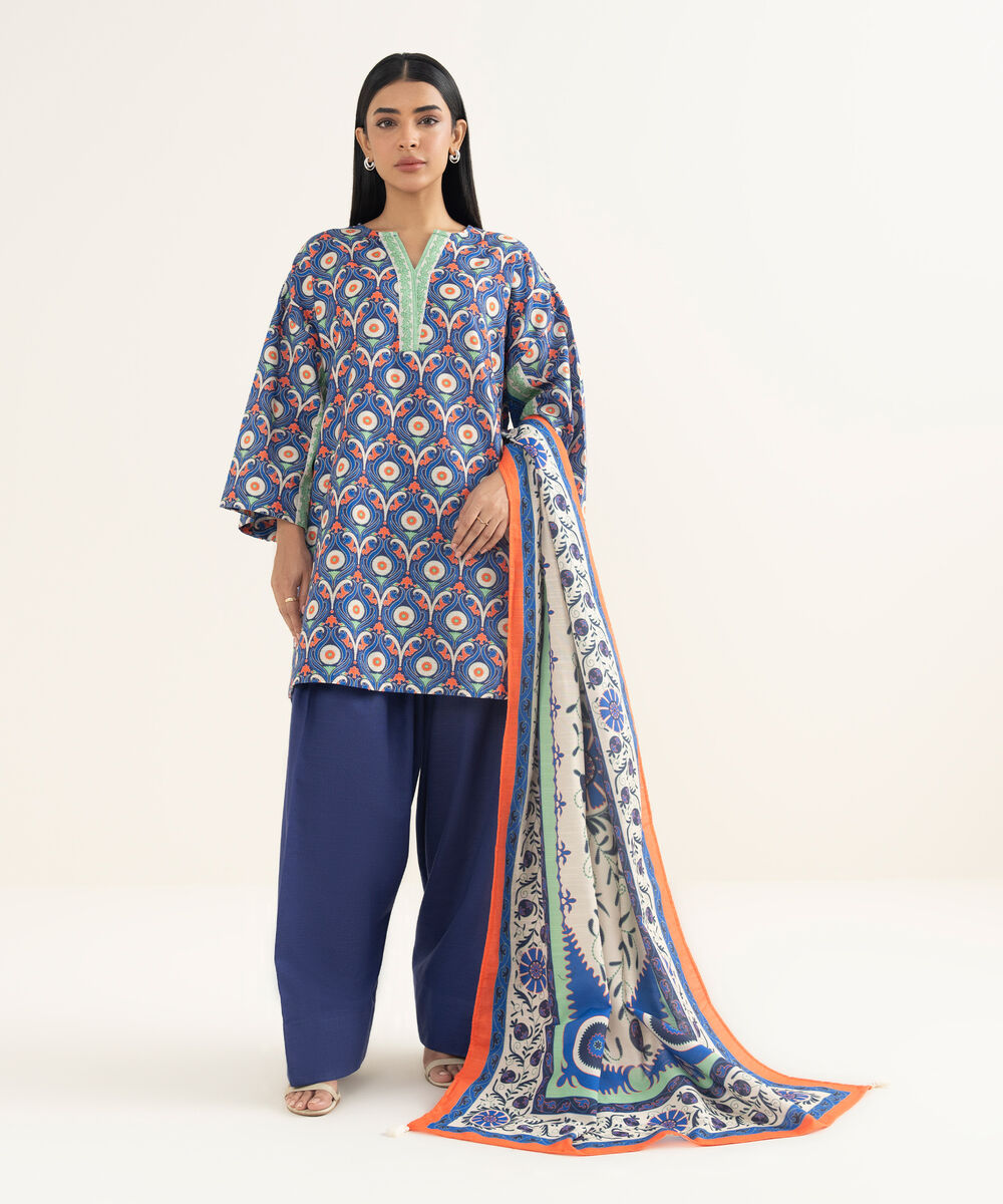 Women's RTW Light Khaddar Printed Blue Drop Shoulder Shirt