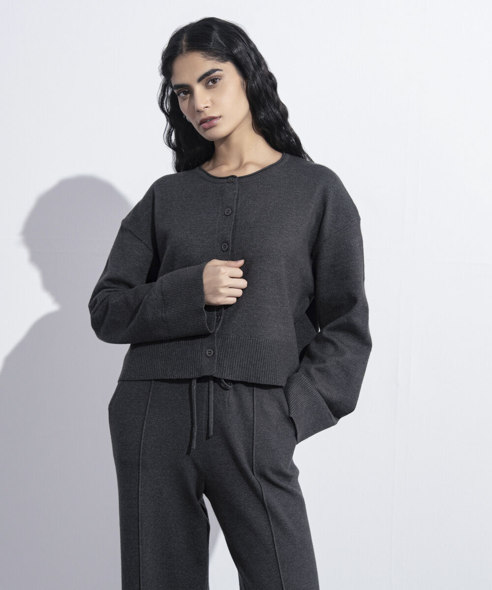 Women's Western Wear Grey  Cropped Knit Cardigan