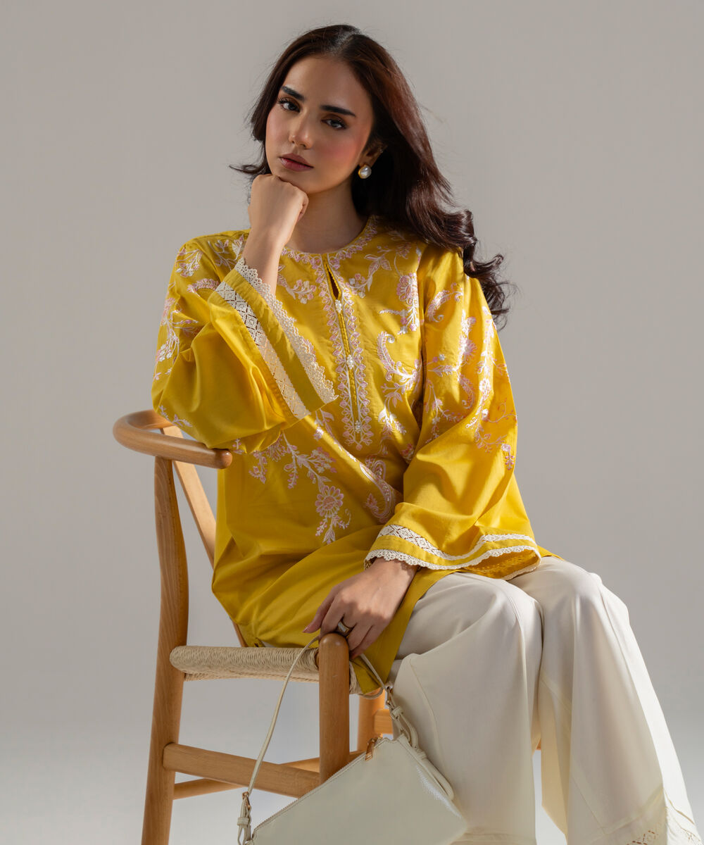 Women's RTW Lawn Solid Embroidered Yellow Straight Shirt