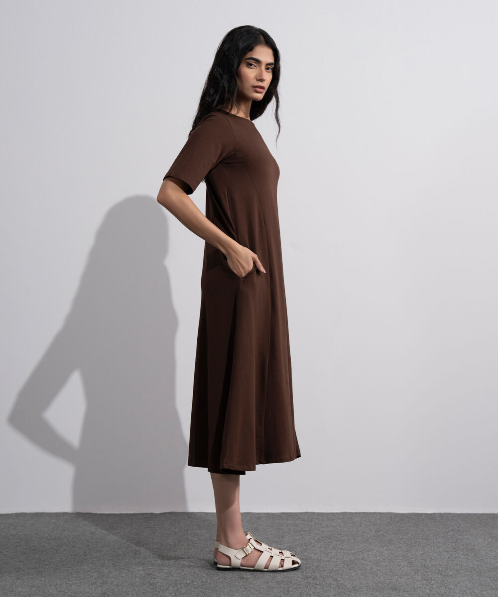 Women's Brown Flared Panelled Midi Dress