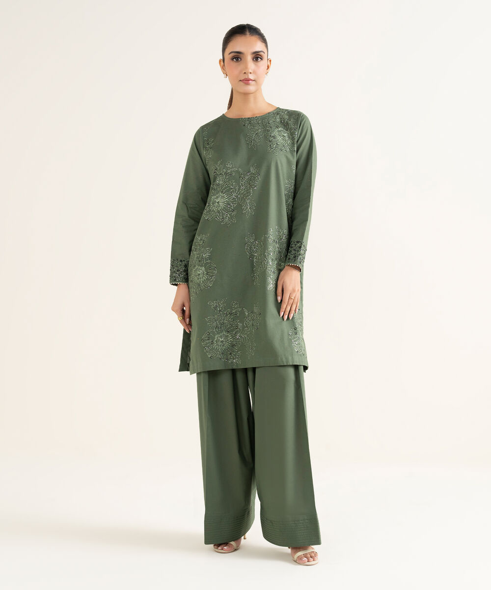 Women's RTW Multineps Embroidered Green Straight Shirt