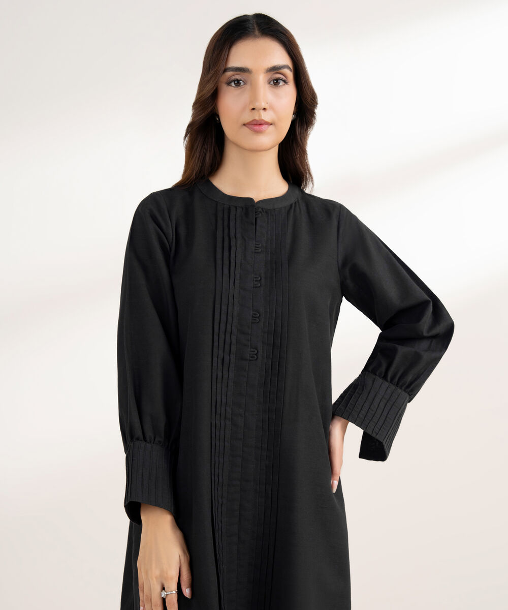 Women's RTW Khaddar Solid Straight Black Shirt