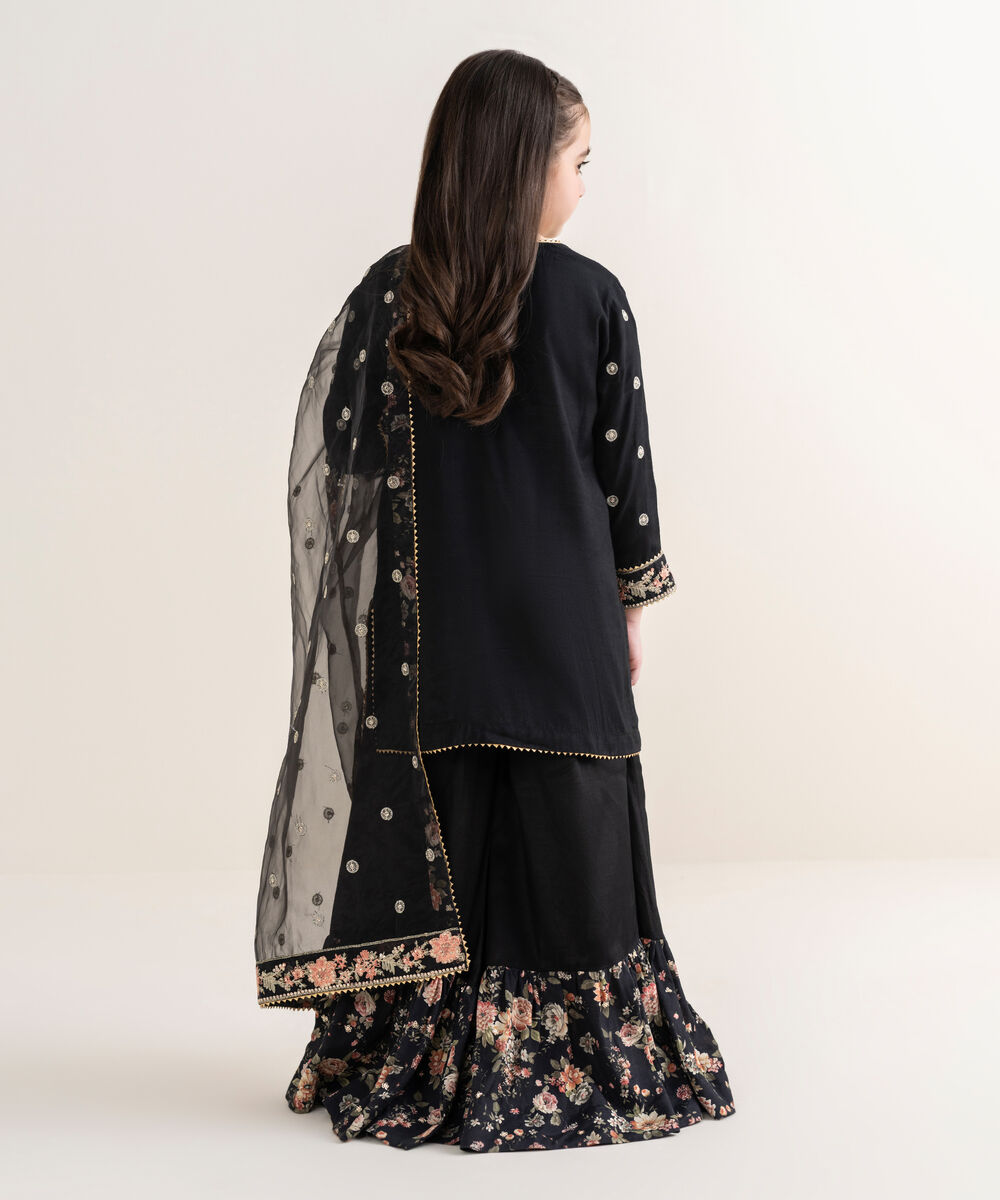 Girl's Viscose Raw Silk Black Embroidered 3 Piece Suit