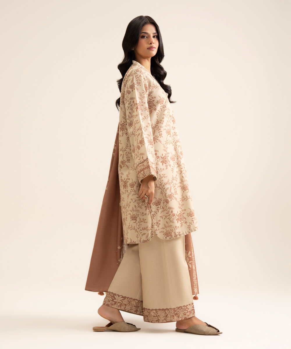Women's Unstitched Light Khaddar Printed Light Beige 3 Piece Suit