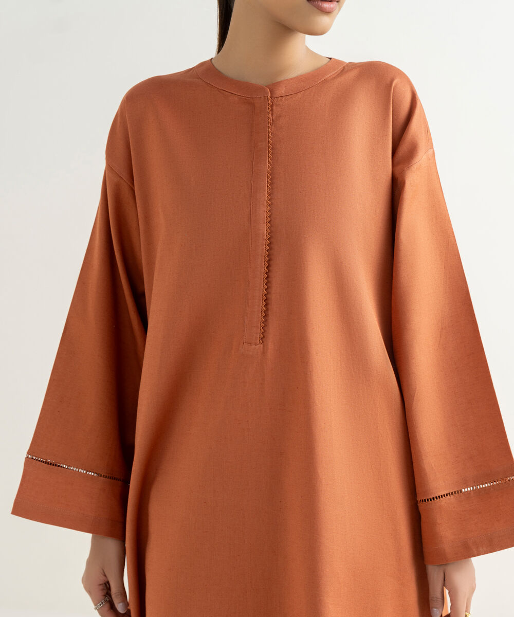 Women's RTW Cotton Linen Orange Solid Drop Shoulder Shirt