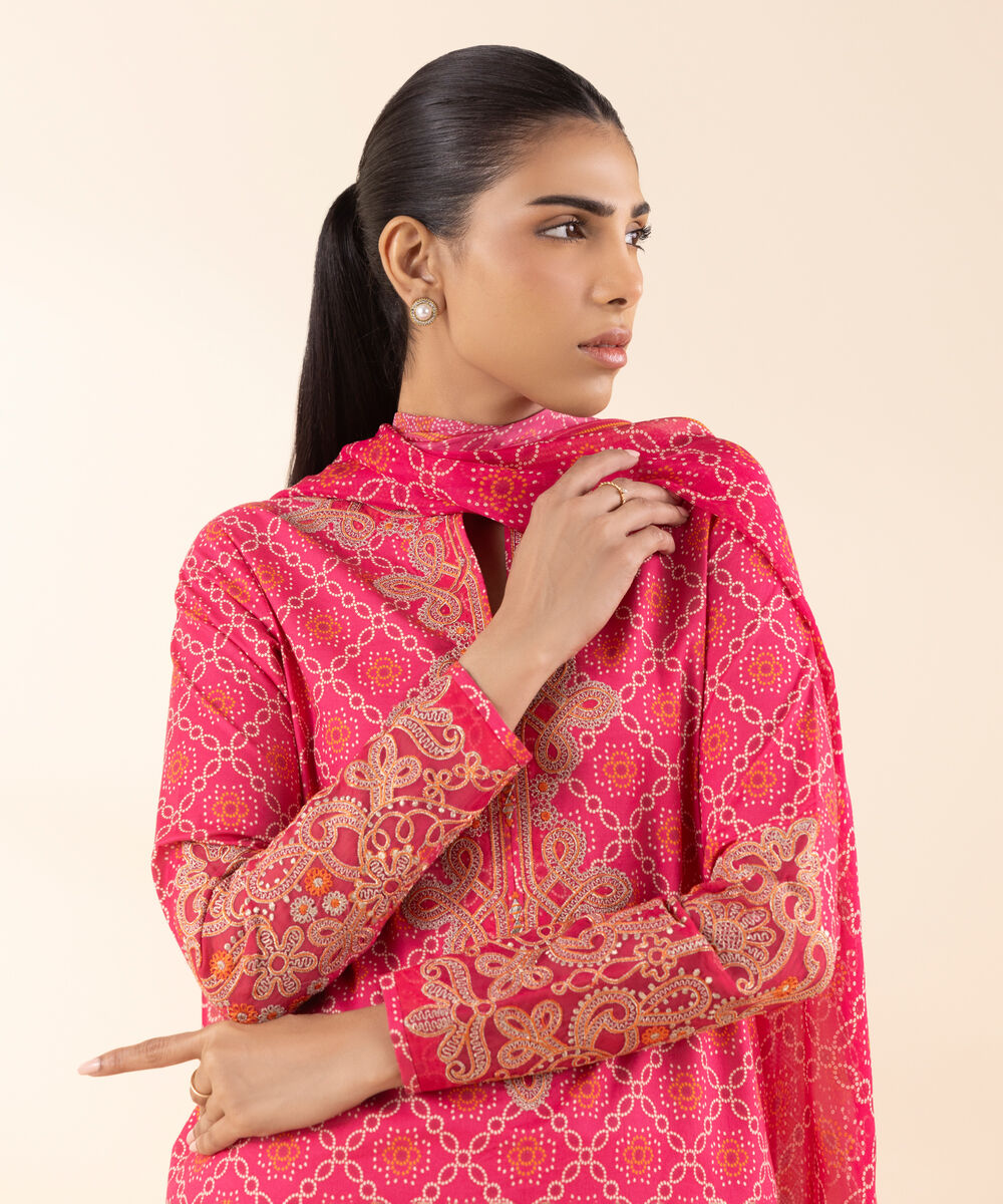 Women's Unstitched Lawn Embroidered Pink 3 Piece Suit