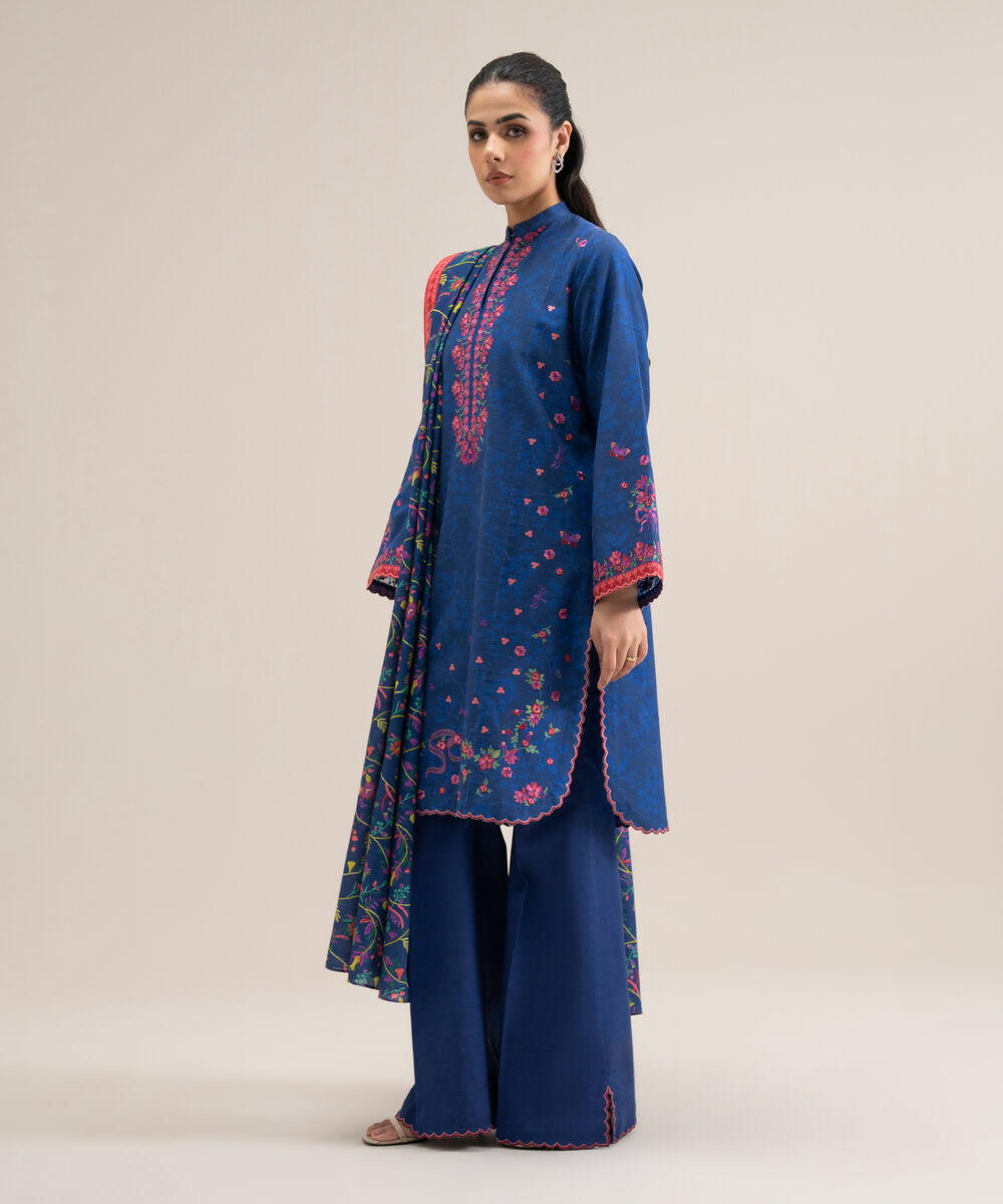 Women's Unstitched Basic Khaddar Embroidered Blue 3 Piece Suit