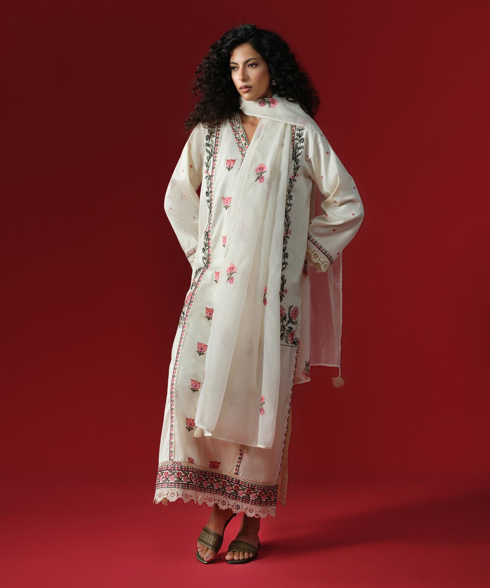 Embroidered Cotton Satin Shirt Women's RTW Cotton Satin Off White Embroidered A-Line Shirt