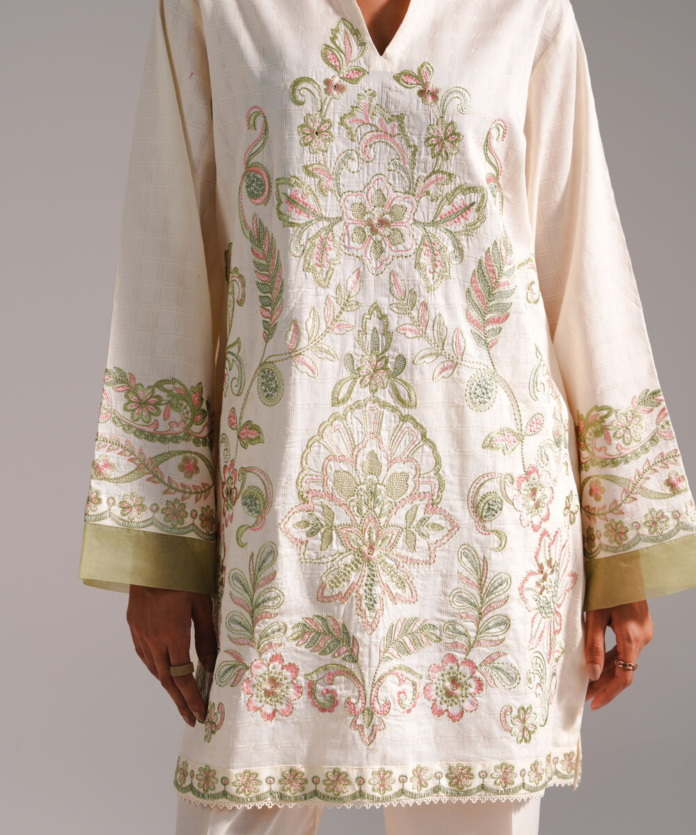 Women's RTW Dobby Embroidered Straight Off White Shirt