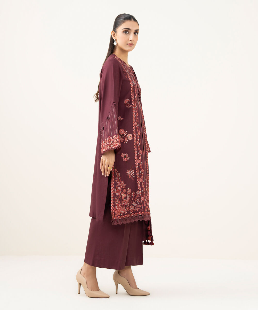 Women's Unstitched Embroidered Linen Maroon 3 Piece Suit