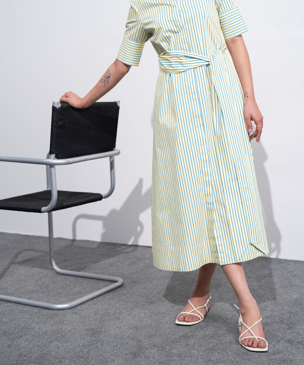 Women's Western Yellow And Blue Poplin Dress With Belt