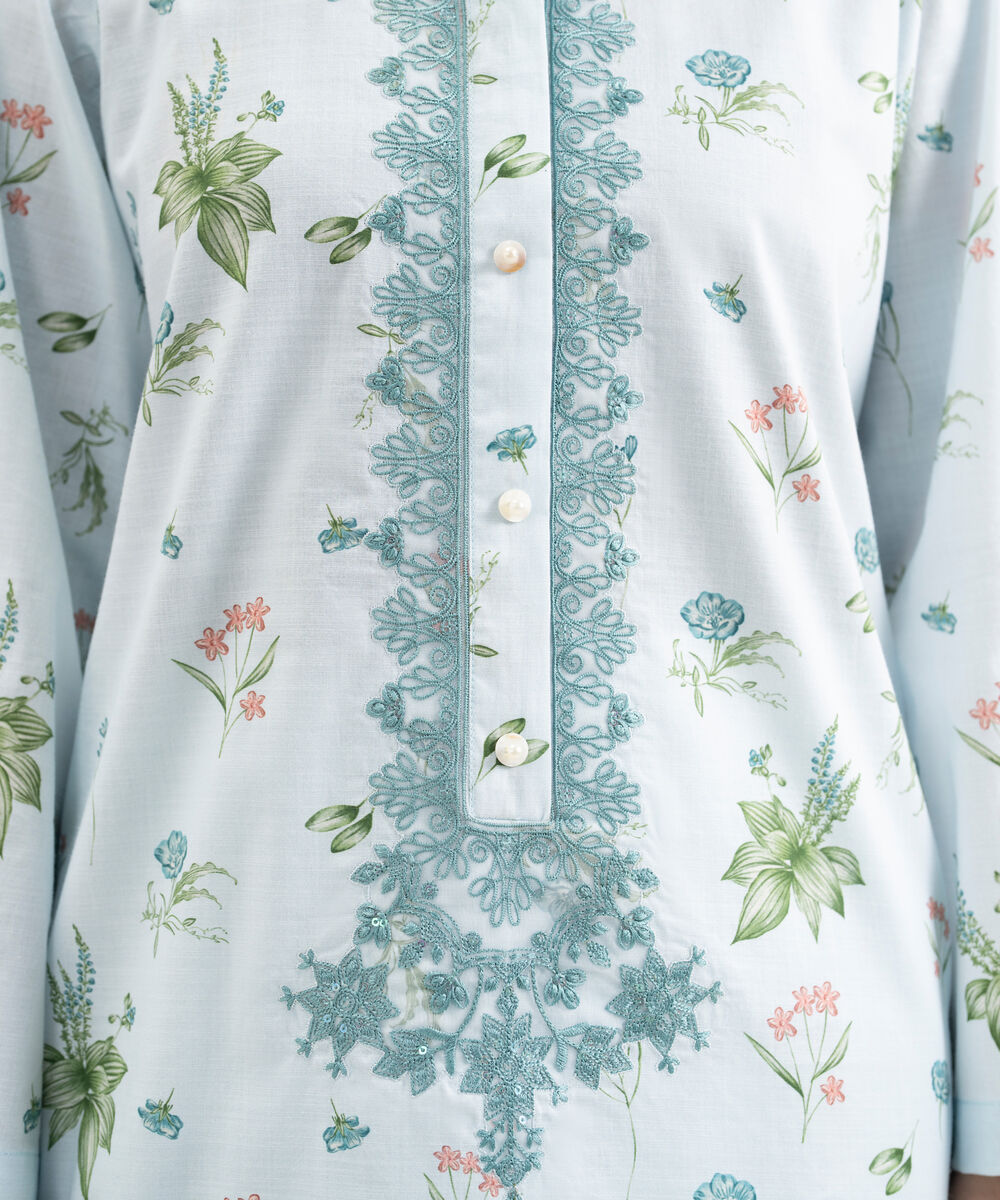 Women's RTW Cambric Embroidered Blue Straight Shirt