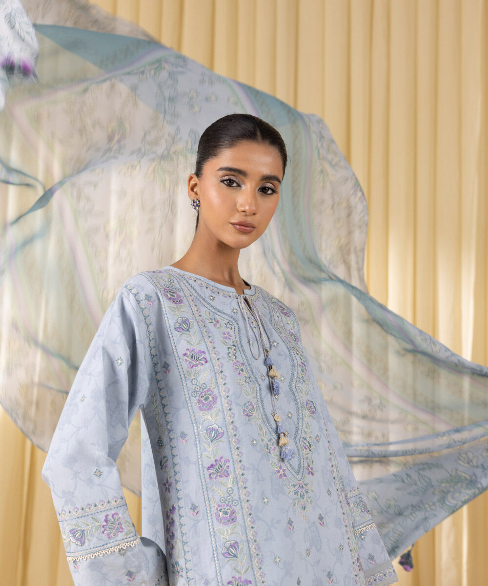 Unstitched Women's Blue Cotton Jacquard 3 Piece Suit