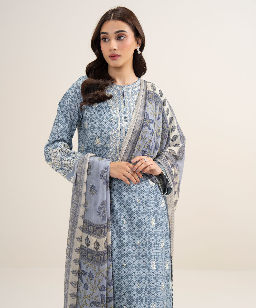 Women's Unstitched Lawn Embroidered Ice Blue 3 Piece Suit