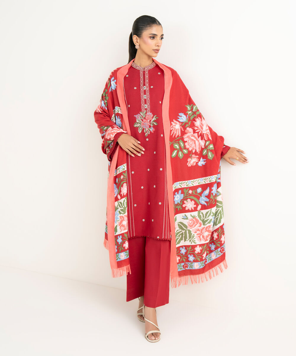 Women's Unstitched Twill Embroidered Red  3 Piece Suit