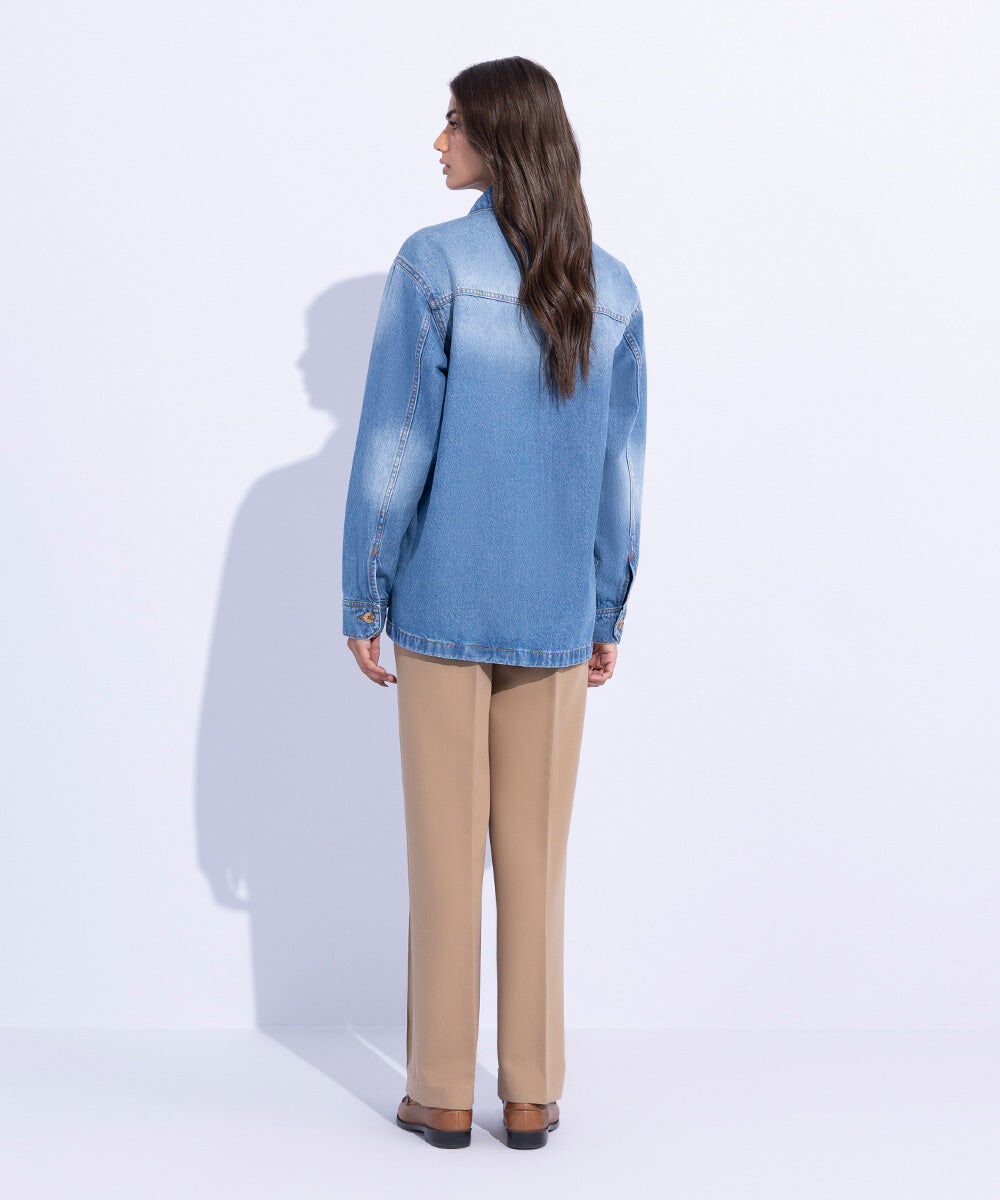 Woman - Blue Denim Overshirt with Contrasting Pocket