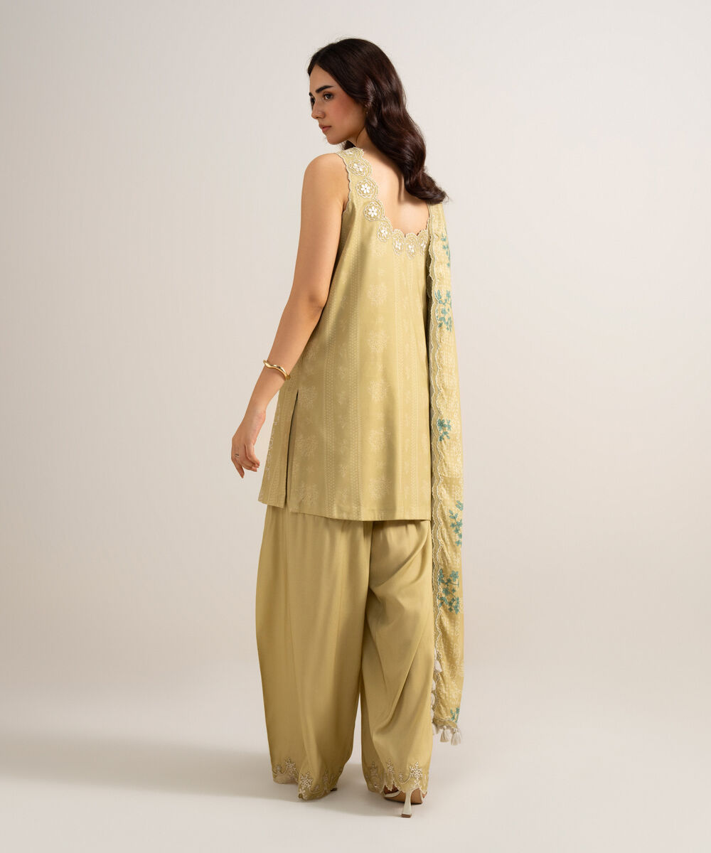 Women's Unstitched Embroidered Linen Beige 3 Piece Suit