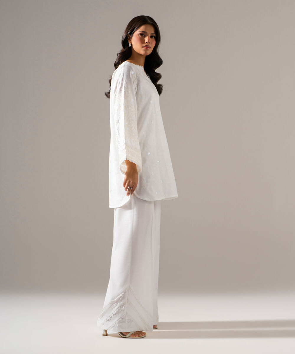 Women's RTW Self Jacquard Solid Embroidered Off White 2 Piece Suit