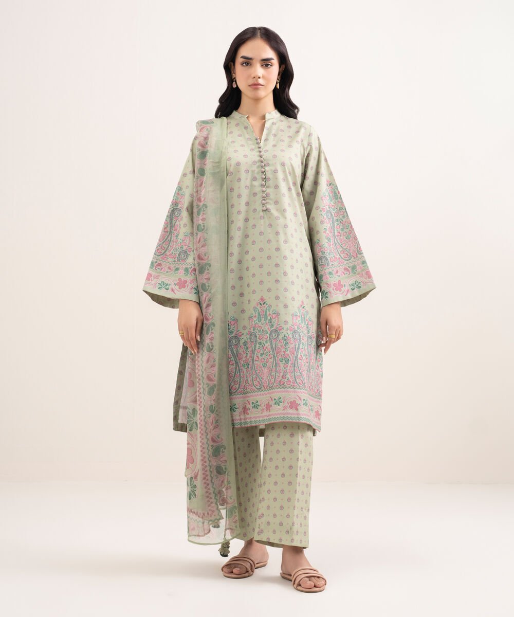 Women's Unstitched Lawn Printed Green 3 Piece Suit